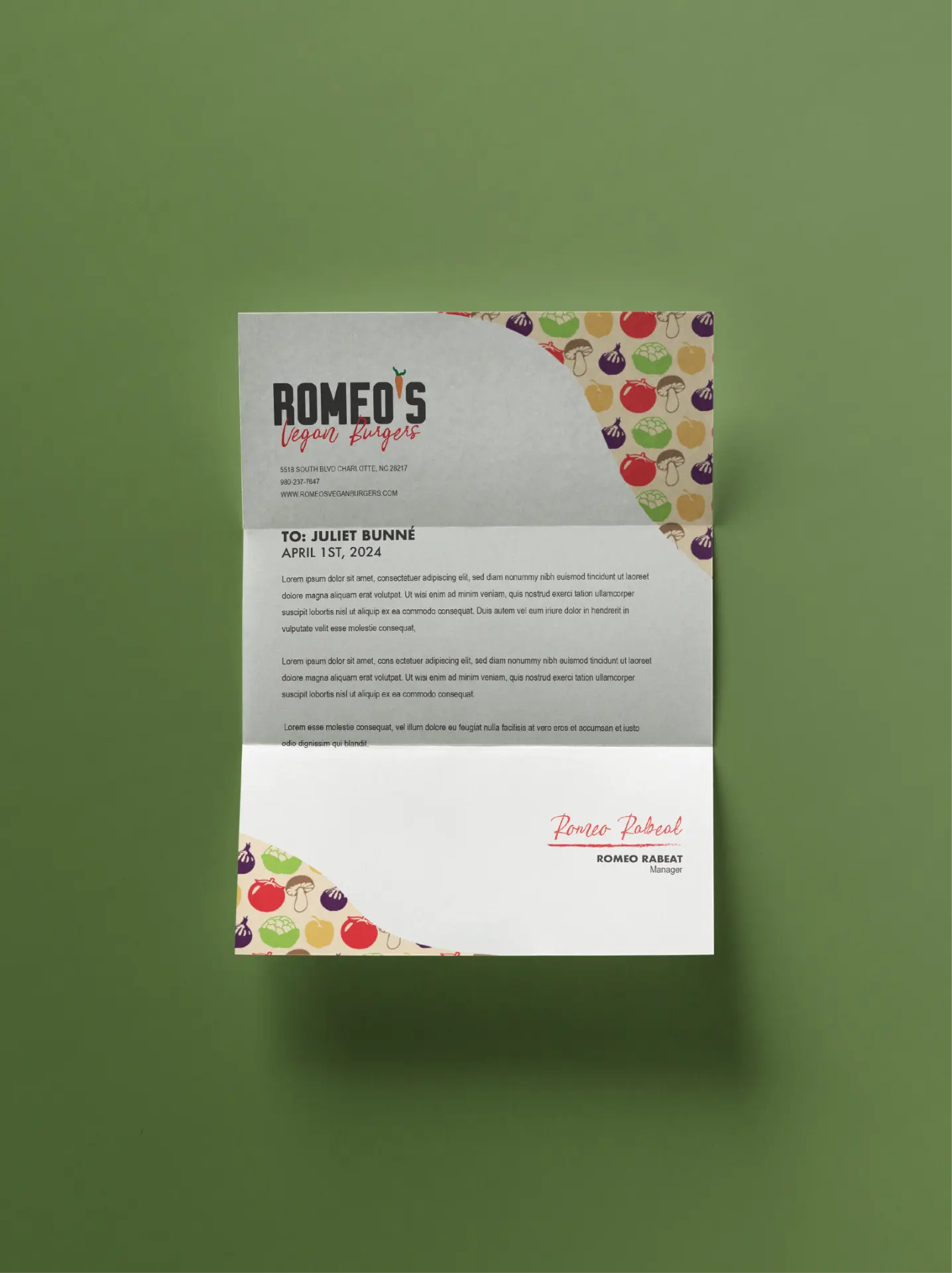 Romeo's Vegan Burgers — letterhead
