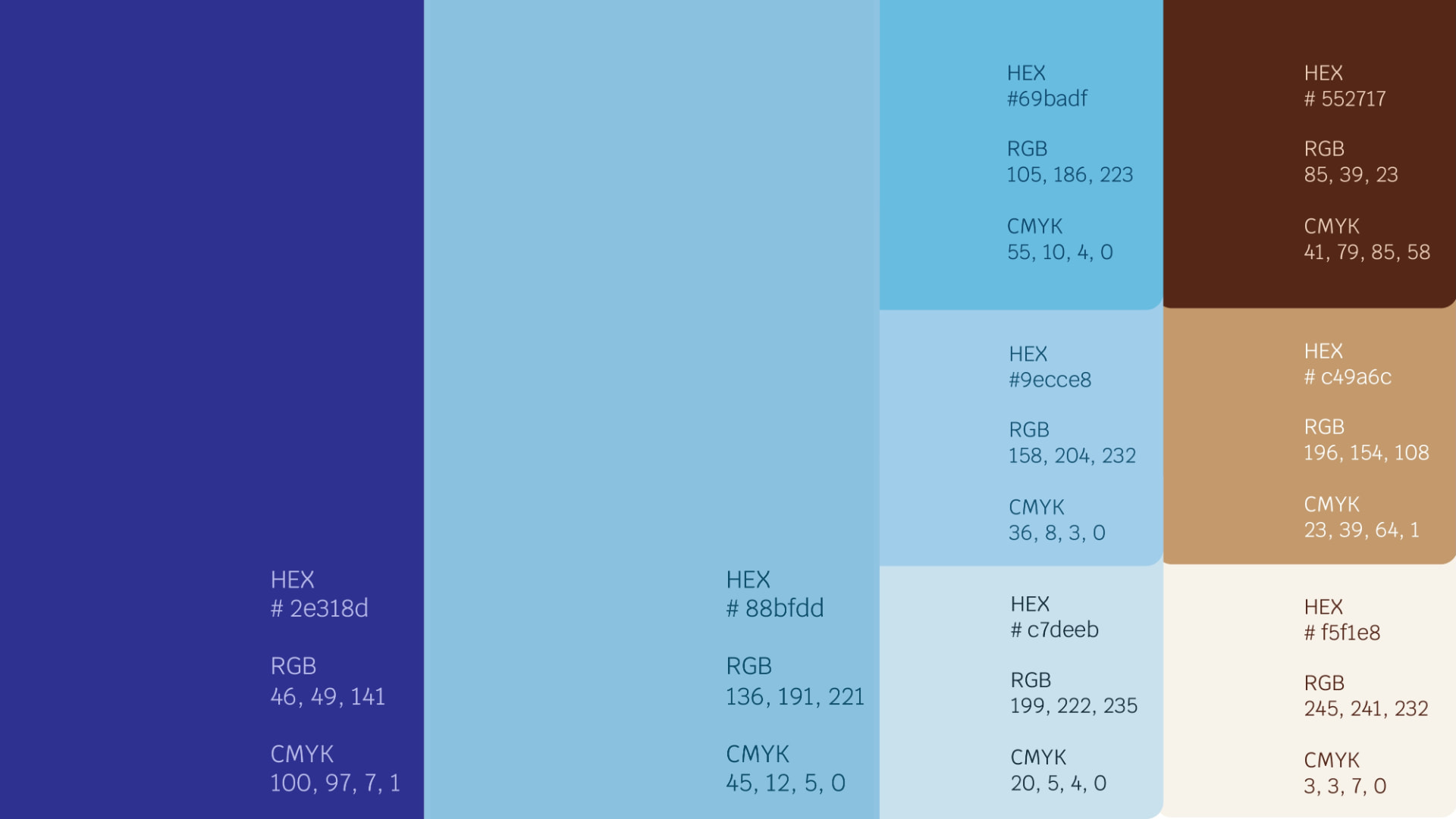 Dolce Pezzo color palette with hex, RGB, and CMYK values