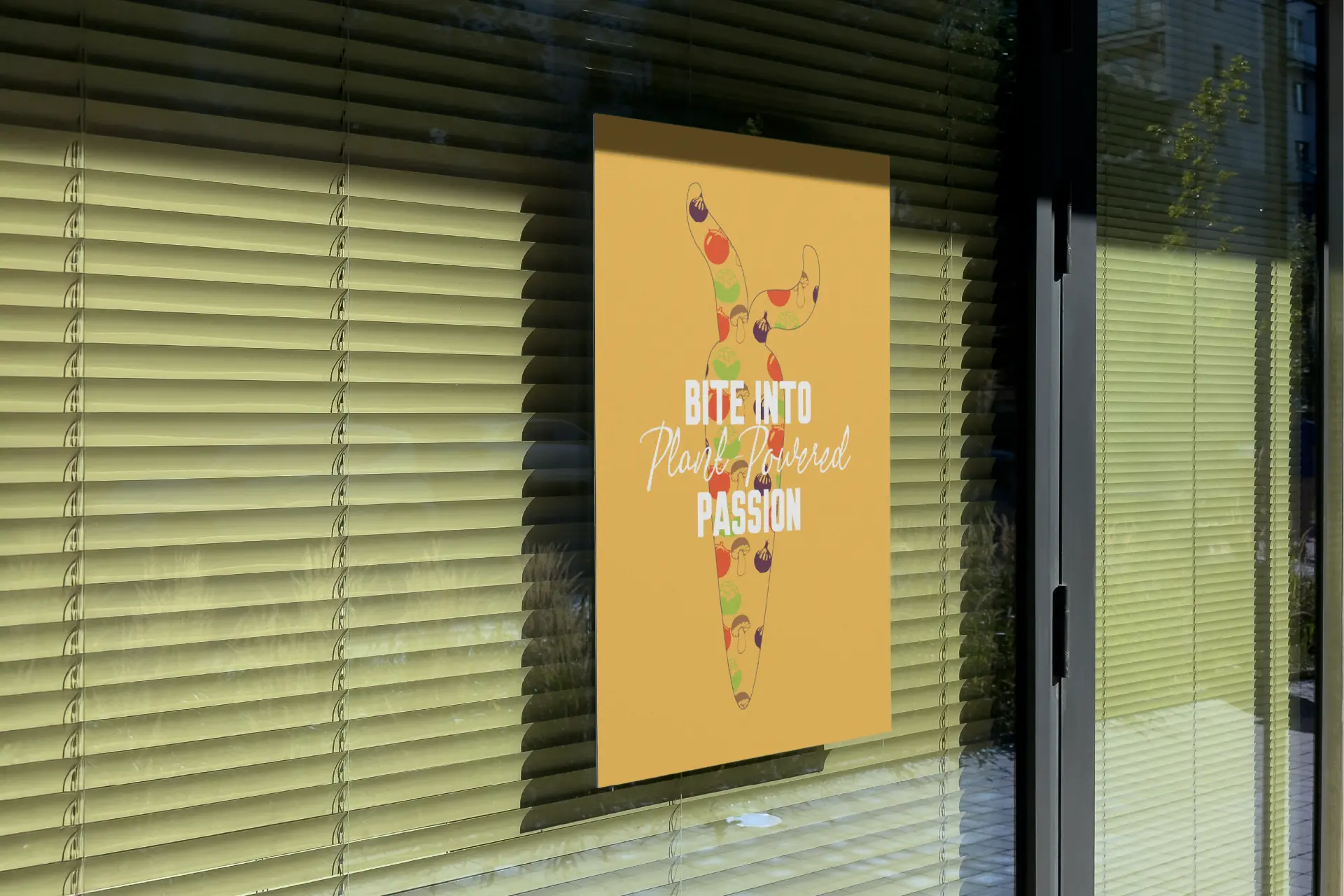 Romeo's Vegan Burgers — yellow window poster